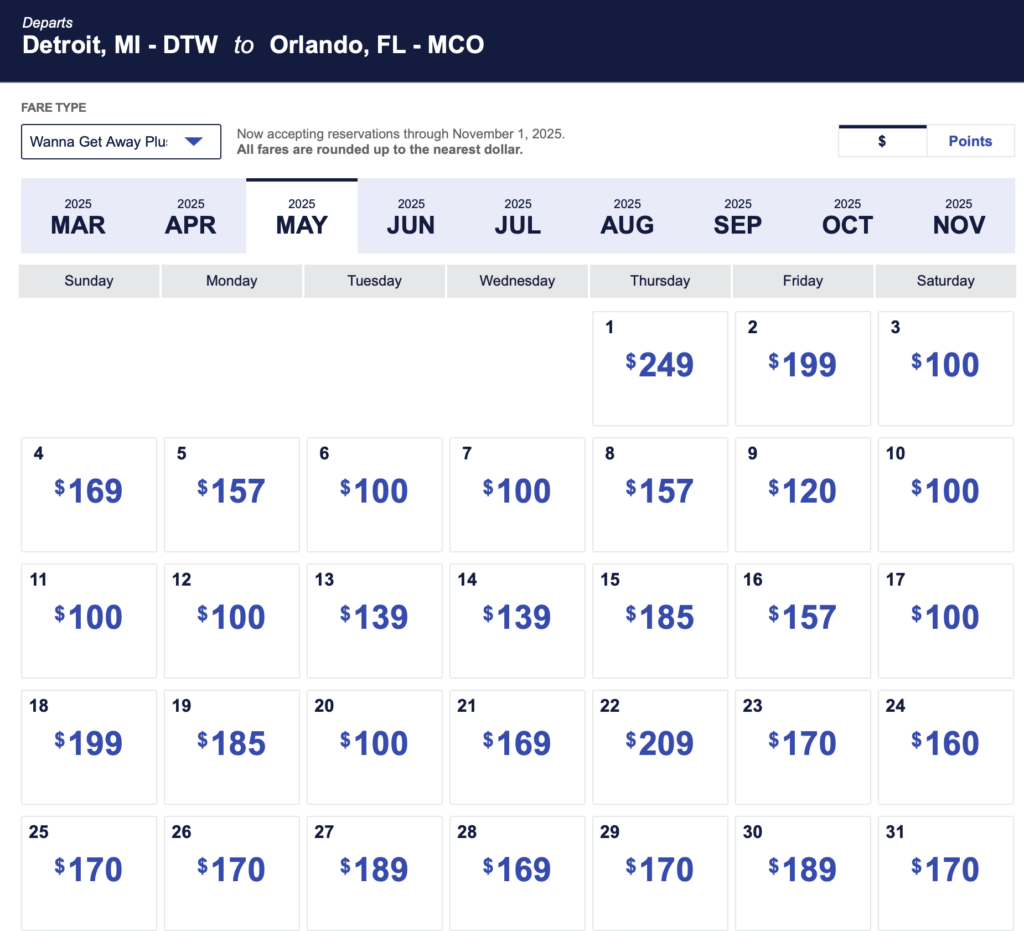 Southwest Low Fare Calendar for Wanna Get Away Plus fare. 